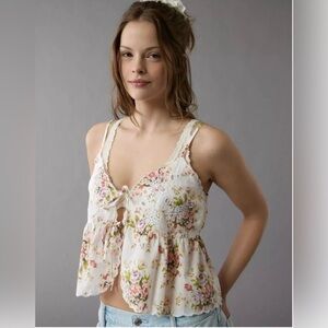 American Eagle Floral Embroidered Eyelet Tie Front Tank Top